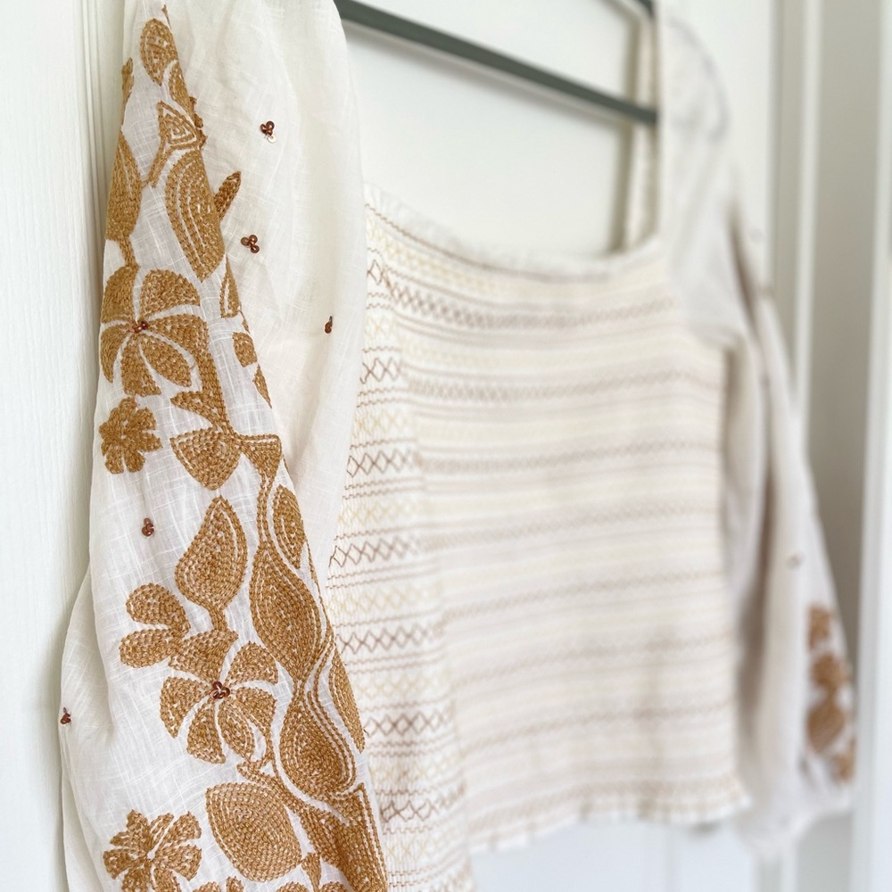 Anthropologie floral embroidered smocked top- Ivory - Picture 4 of 4